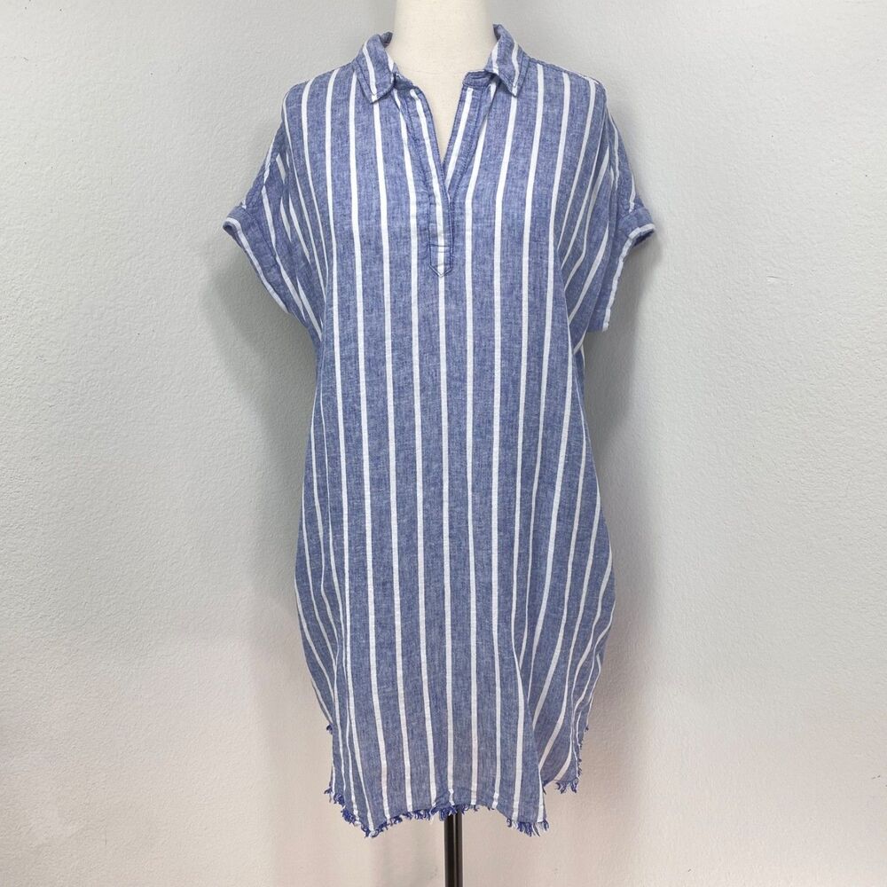 Beach Lunch Lounge Chambray Blue Stripe Linen Cotton Dress Large Pockets Lined